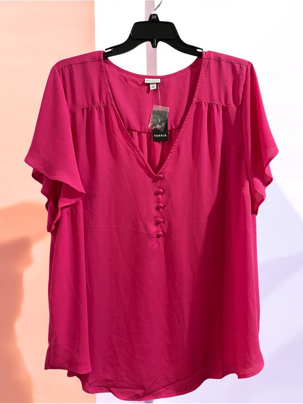 Torrid Fuchsia Flutter Sleeve V-Neck Blouse Size 3 New